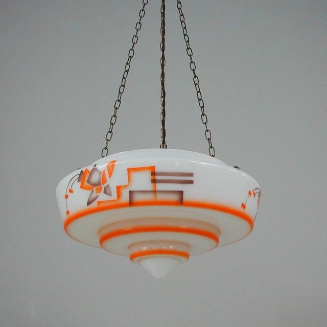 1930s German Art Deco Pendant Lamp in Enameled Glass and Brass, 1930s For Sale - Image 5 of 18