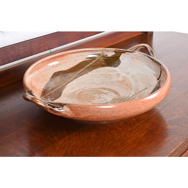 Large Painted Glazed Ceramic Studio Pottery Bowl With Handles From