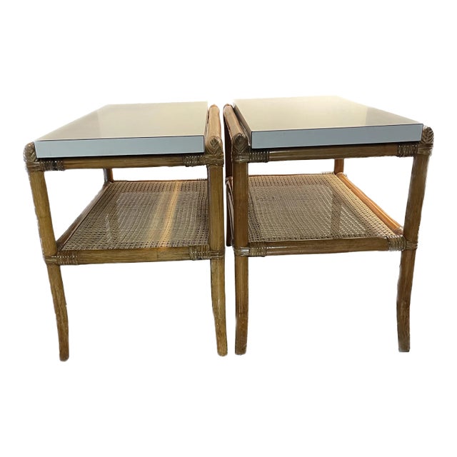 Pair of 1970s Mid-Century Modern Rattan & Cane End Tables With White Laminate Tops For Sale