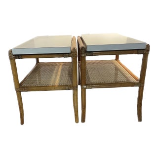 Vintage Rattan Cane End Tables – White Top, Coastal Palm Beach Regency Pair, 1970s For Sale