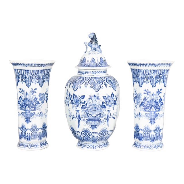Antique Petite Dutch Delft Floral Garniture Vases - Set of 3 For Sale