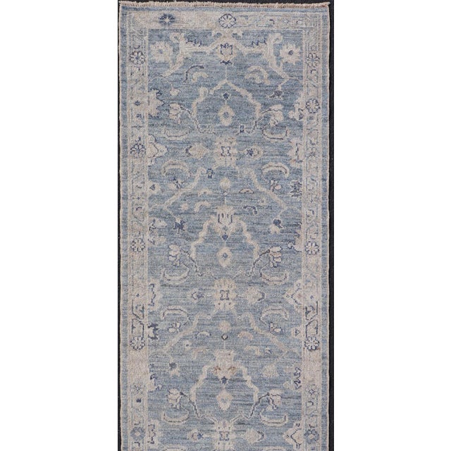 Blue Angora Turkish Oushak Runner With Floral Design and Medium Blue and Grey Border 2'7 X 11'8 For Sale - Image 8 of 11