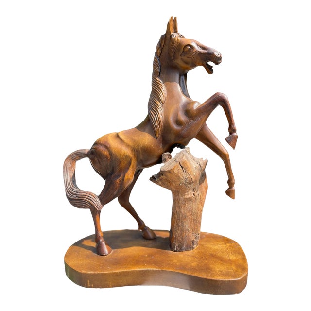 Vintage Hand-Carved Mahogany Rearing Horse Statue For Sale