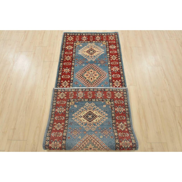 Kazak Runner 2’8” X 7’7” Blue Wool Tribal Hand-Knotted Oriental Rug For Sale - Image 11 of 12
