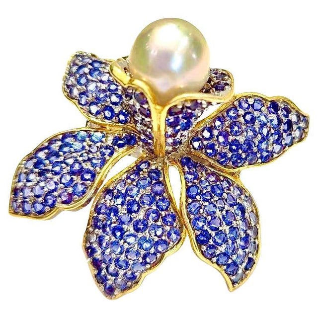 Baroque Bochic “Orient” Vintage Blue Sapphire & South Sea Pearl Ring - 18K Gold & Silver For Sale - Image 3 of 9