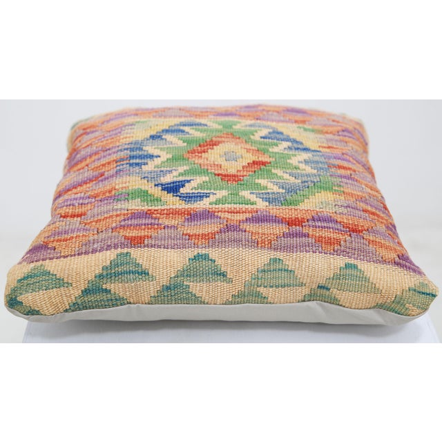 Tribal Arteverk Handwoven Afghan Kilim Pillow — Green & Blue Diamond Medallion For Sale - Image 3 of 3