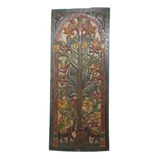 Vintage Hand-Painted Tree of Life Carved Wood Door | Colorful Spiritual Wall Art Panel 84x36 For Sale
