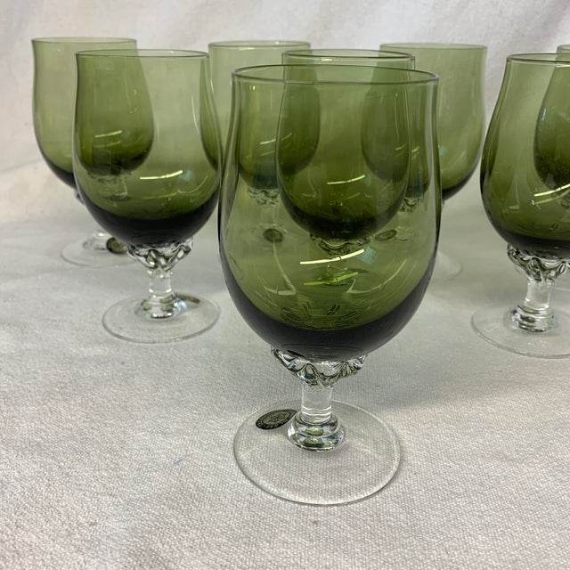 1970s Vintage Sasaki Hand Blown Glass Avocado Green Cocktail Glasses & Decanter, Stirrers - Set of 11 For Sale - Image 5 of 9