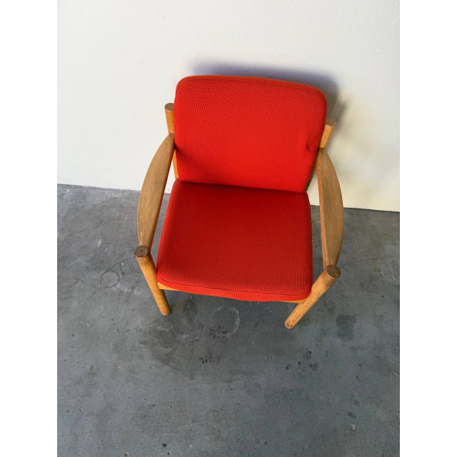Vintage Danish Oak Lounge Chair by Skive Møbelfabrik – Mid-Century Modern Armchair, Red Upholstery For Sale - Image 9 of 9