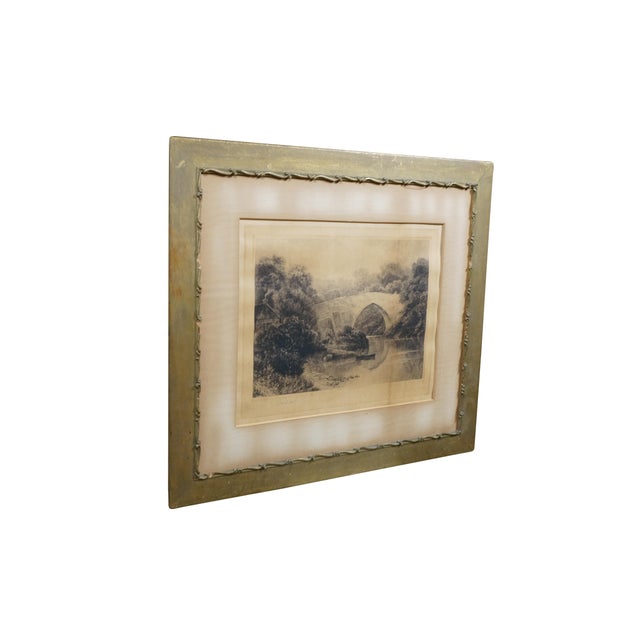Realism Antique David Law Signed Medieval Bridge Fishing River Landscape Etching 30" For Sale - Image 3 of 11