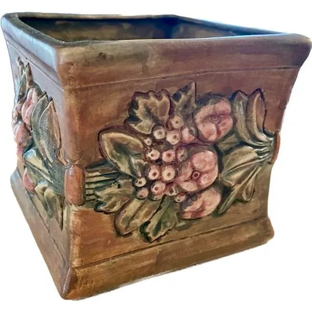 Chocolate Small Antique Weller Woodcraft Roma Square Planter For Sale - Image 8 of 8