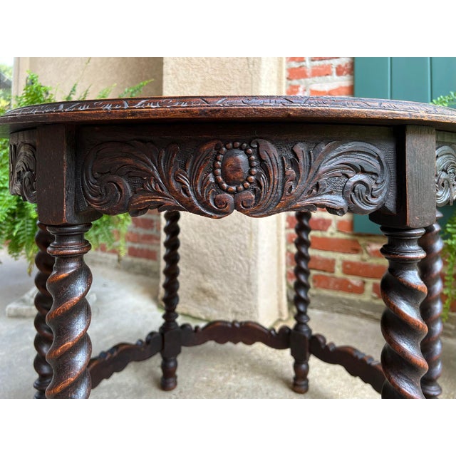 Wood Antique French Round Side Center Table Barley Twist Carved Oak Renaissance C1900 For Sale - Image 7 of 12