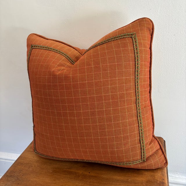 Contemporary Feather Down Rust Orange Pillow With Trim Detail For Sale - Image 3 of 7