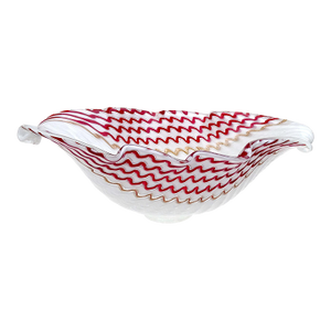 Murano Dino Martens Vintage 1950s White Red Aventurine Ribbons Italian Art Glass Center Bowl