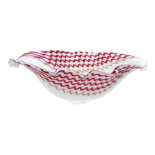 Vintage Dino Martens Murano 1950s White Red Aventurine Ribbons Italian Art Glass Center Bowl For Sale