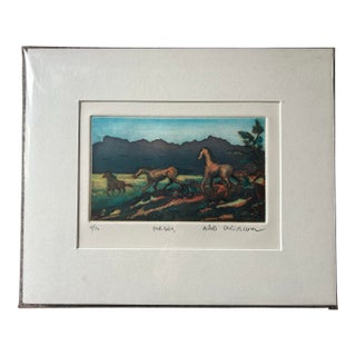 Vintage Hand Colored Original Etching Entitled ‘Horses’ Unframed For Sale