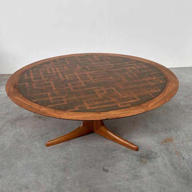 Vintage Wood Coffee Table with Etched Brass Top, 1970s For Sale - Image 14 of 14