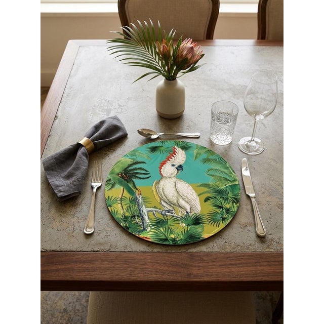 Italian Handmade Firenze Cockatoo & Tropical Palm Lacquered Placemat For Sale In West Palm - Image 6 of 8