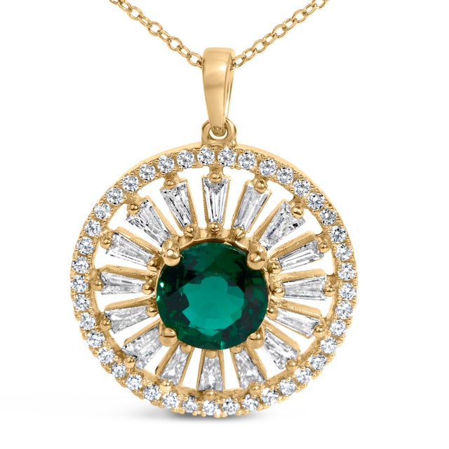 Contemporary 14K Yellow Gold Plated Sterling Silver Lab Grown Emerald and Diamond Sunburst Medallion Pendant Necklace For Sale - Image 3 of 4