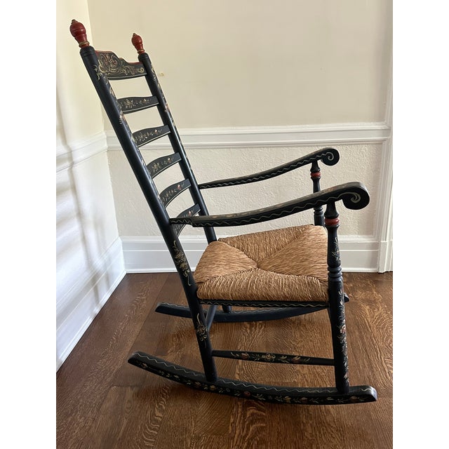 American 19th Century Antique Stenciled Ladder Back Rocking Chair With Rush Seat For Sale - Image 3 of 4