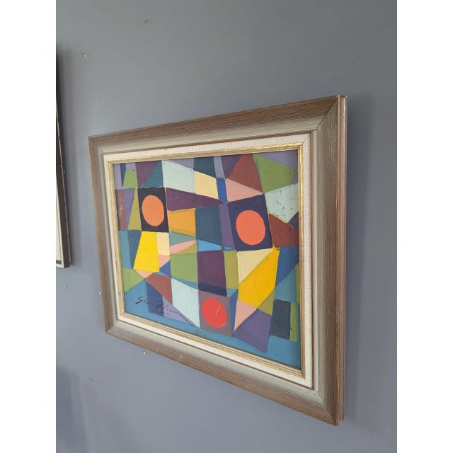 1960s Mid-Century Modern 'Modernist Mosaic' Vintage Original Swedish Geometric Abstract Oil Painting, Framed For Sale - Image 5 of 9
