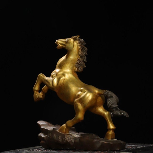 Art Deco Large Vintage Gilt Brass Galloping Horse Sculpture - Feng Shui "Success" Statue on Base For Sale - Image 3 of 9