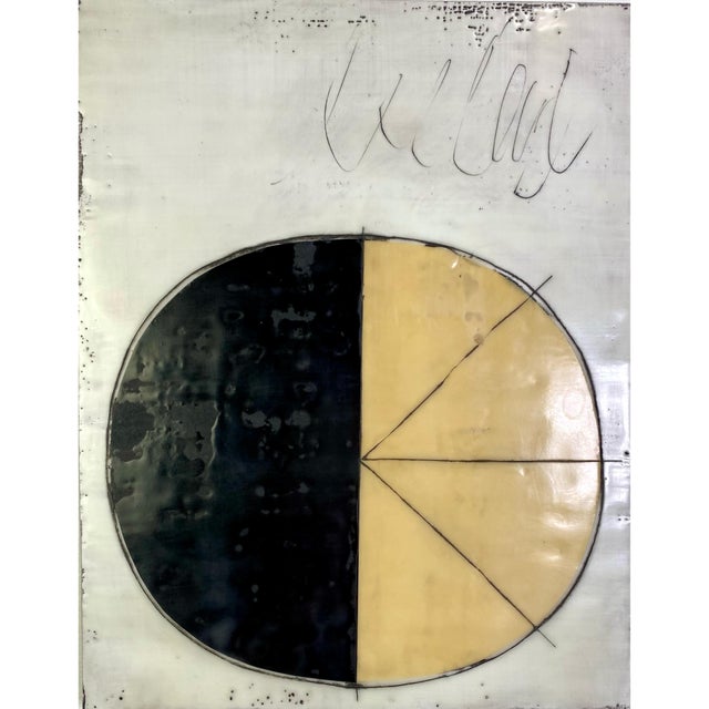 Nine 14×11 cradled wood panels make up this encaustic mixed media art piece. In the photo they are hanging spaced...