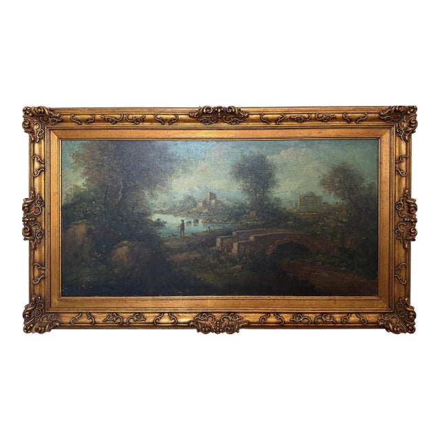 C. Patin Huge Vintage European Cityscape/ Landscape Oil Painting Gilt Frame For Sale