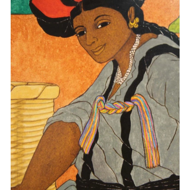 1990s Nadine Mayes Colorful Watercolor Portrait of Seated Female in Blue Dress and Black + Red Hat 1990s For Sale - Image 5 of 12