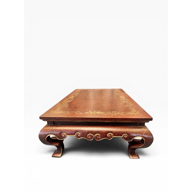 1990s Baker Furniture Oxblood Chinoiserie Crackle Finish Coffee Table With Gilt Decoration For Sale In Boston - Image 6 of 14