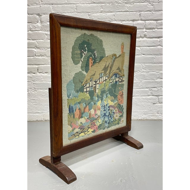Antique Needlepoint Fires Screen With Cottage Garden Scene, Wood Framed Hearth Screen, C. 1920s–1940s For Sale - Image 4 of 11