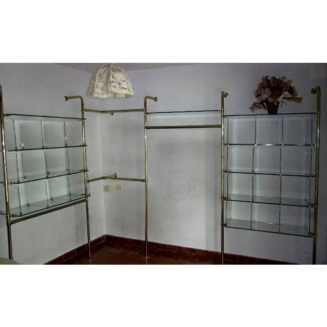Metal Mid Century Modern Four Bay Hanging Shelving Unit in Glass and Brass For Sale - Image 7 of 7