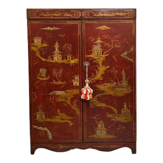 English 19th Century English Red Lacquered Chinoiserie Armoire For Sale