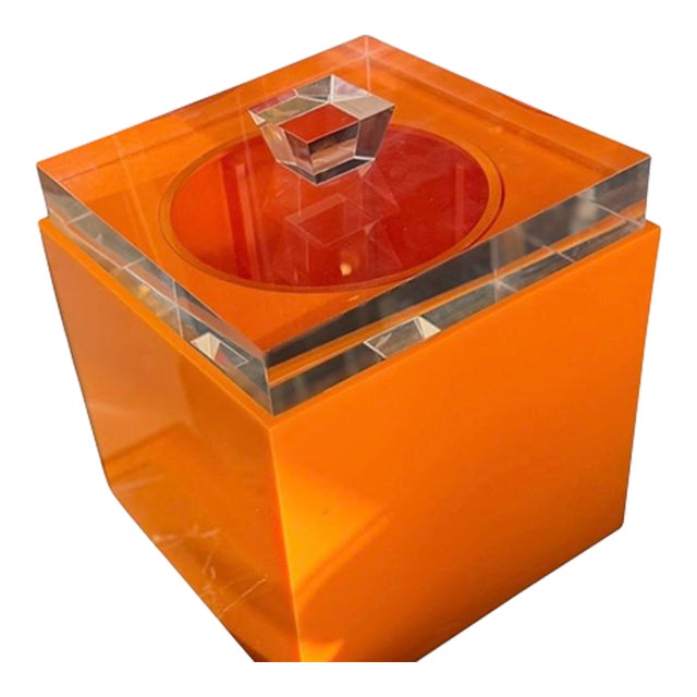 Alessandro Albrizzi Mid Century Modern Orange Lucite Ice Bucket Box For Sale