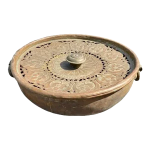 Large Antique Handcrafted Decorative Round Pierced Copper Server With Lid