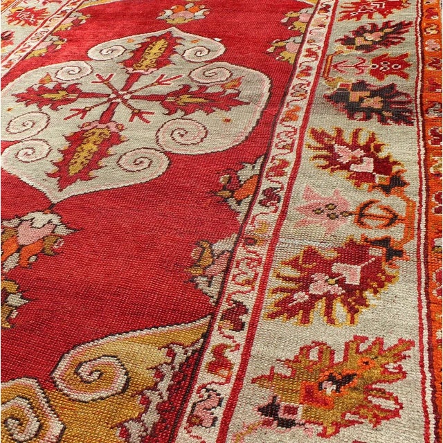 1920s Antique Turkish Oushak Rug With Bright Red Ground and Center Medallion For Sale - Image 5 of 8