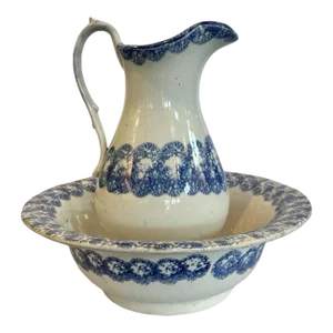 19th Century Spongeware Wash Basin and Pitcher- 2 Pieces