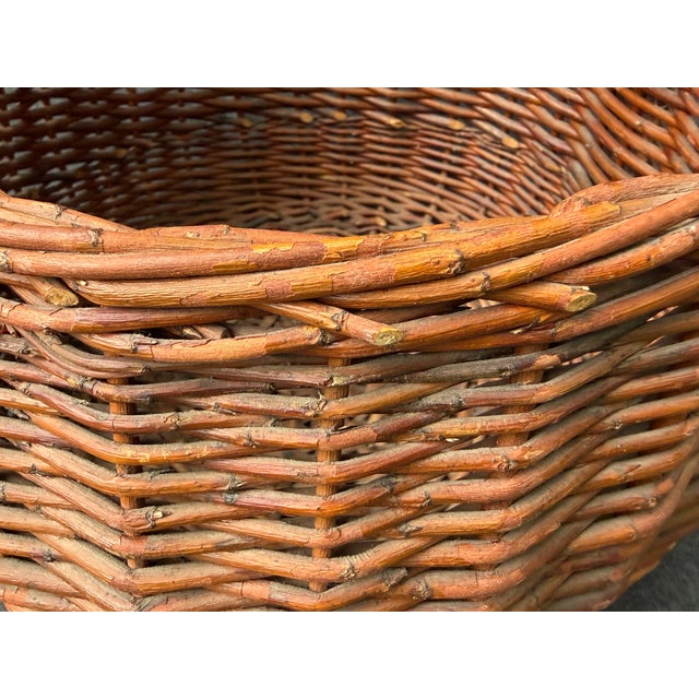 Brown Large Antique Hand Woven Willow Gathering Basket Branch Handle For Sale - Image 8 of 17