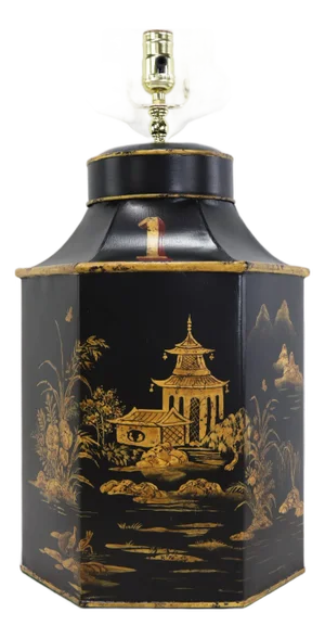 Vintage Chinoiserie Hand Painted Black and Gold Tea Caddy Form Table Lamp