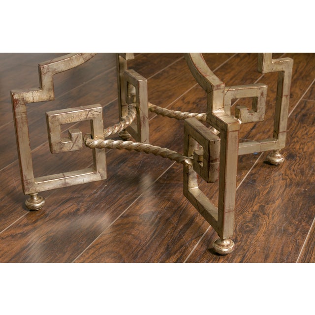 Mid-Century Modern Midcentury French Silver Leaf Iron Table with Glass Top and Greek Key Motifs For Sale - Image 3 of 12