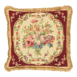 Aubusson Bouquet Red Tapestry Cushion With Gold Fringe With Feather Filler - 48 X 48cm For Sale