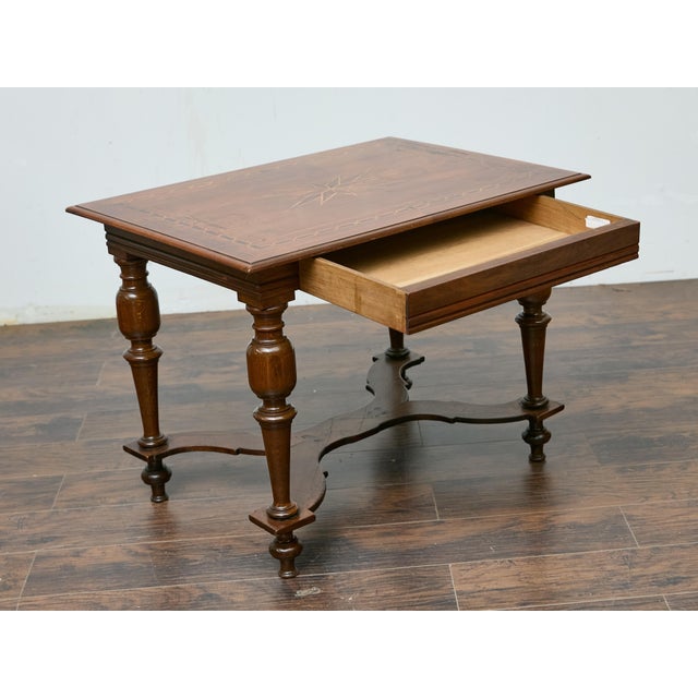 Wood Italian Walnut Table with Star Inlay and Turned Legs, 19th Century For Sale - Image 7 of 12
