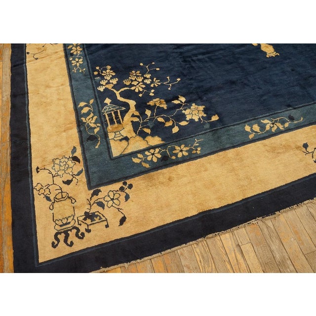 1900s Deep Navy Blue Open Field Chinoiserie Antique Chinese Peking Rug For Sale In New York - Image 6 of 14