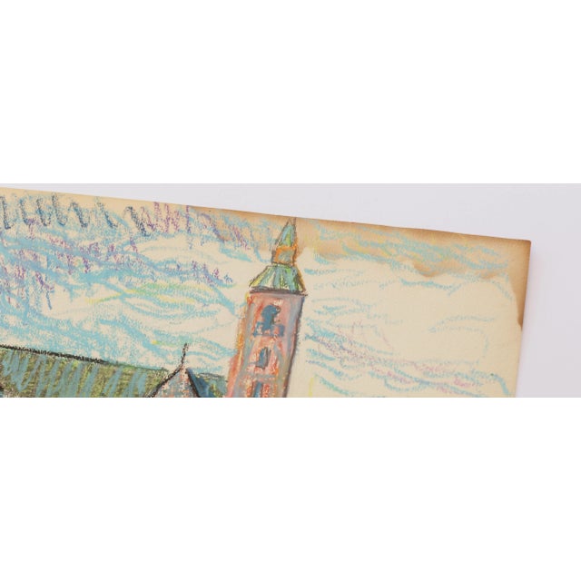 Early 1950s Scandinavian Original Oil Pastel Painting in Deliciously Vibrant Pinks, Sky Blue, Purple and Spring Green....