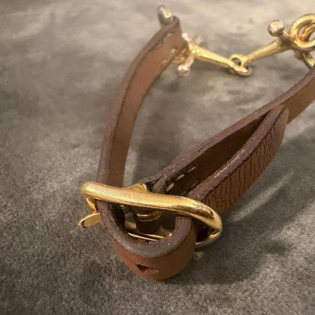 A Vintage Hermes Brown Leather and Gold Plated Equestrian Bracelet For Sale - Image 6 of 12