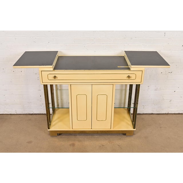 Cream Romweber Mid-Century Modern Hollywood Regency Cream Lacquered and Brass Flip Top Buffet Server or Bar Cart, Circa 1960s For Sale - Image 8 of 15