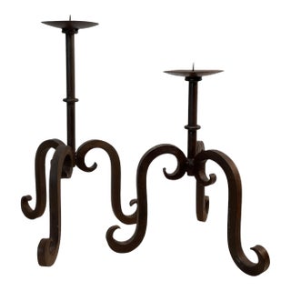 Mid 20th Century Wrought Iron Rustic Scrolled Candle Holders - A Pair For Sale