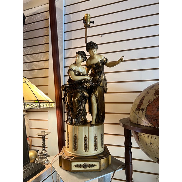 Auguste Moreau Vintage French Style Lamp Statue of Ladies Reading Book For Sale - Image 4 of 10