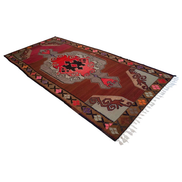 Textile Vintage Turkish Kilim Runner Rug Hand Woven Wool Large Runner Rug - 5'10" X 11'7" For Sale - Image 7 of 17