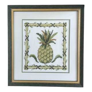 Handmade Custom-Framed 22x20" Cross Stitch Friendship Hospitality Pineapple Motif. Green and White For Sale